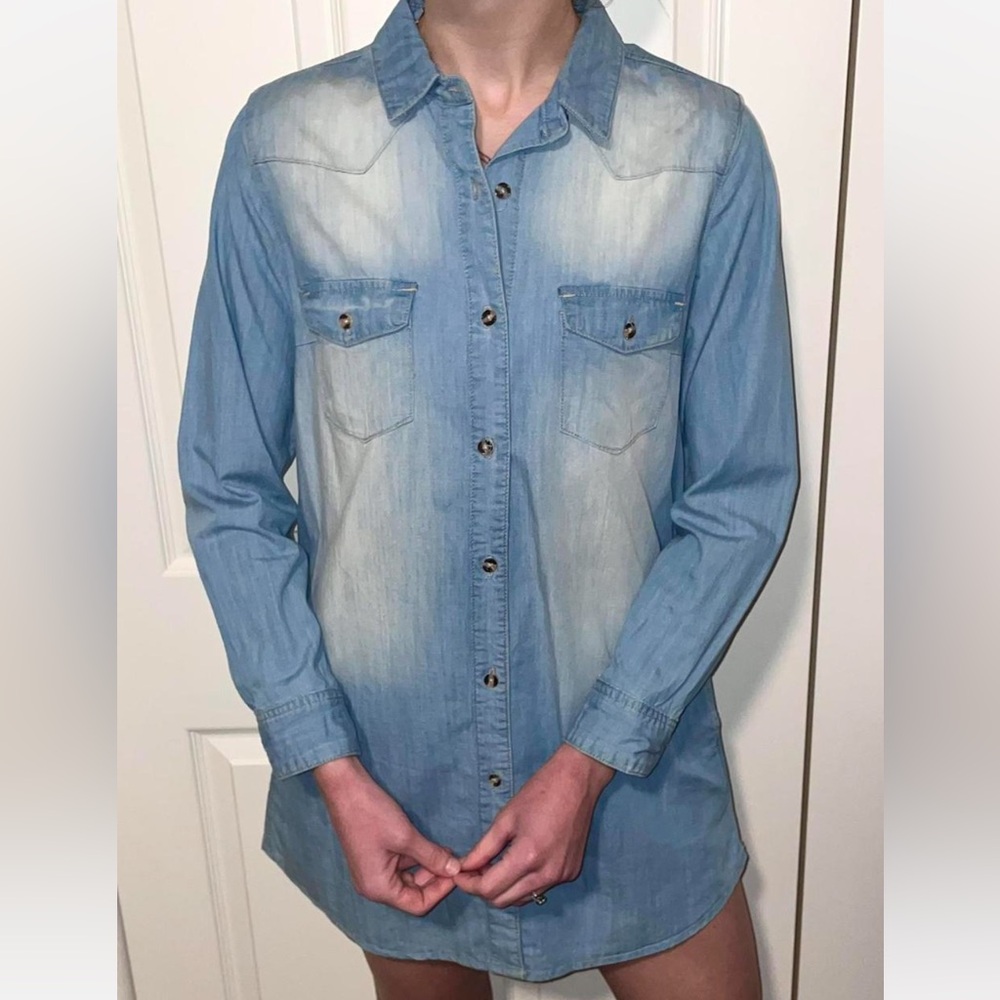 Long Sleeve Denim-Wash Button Down Shirt Dress